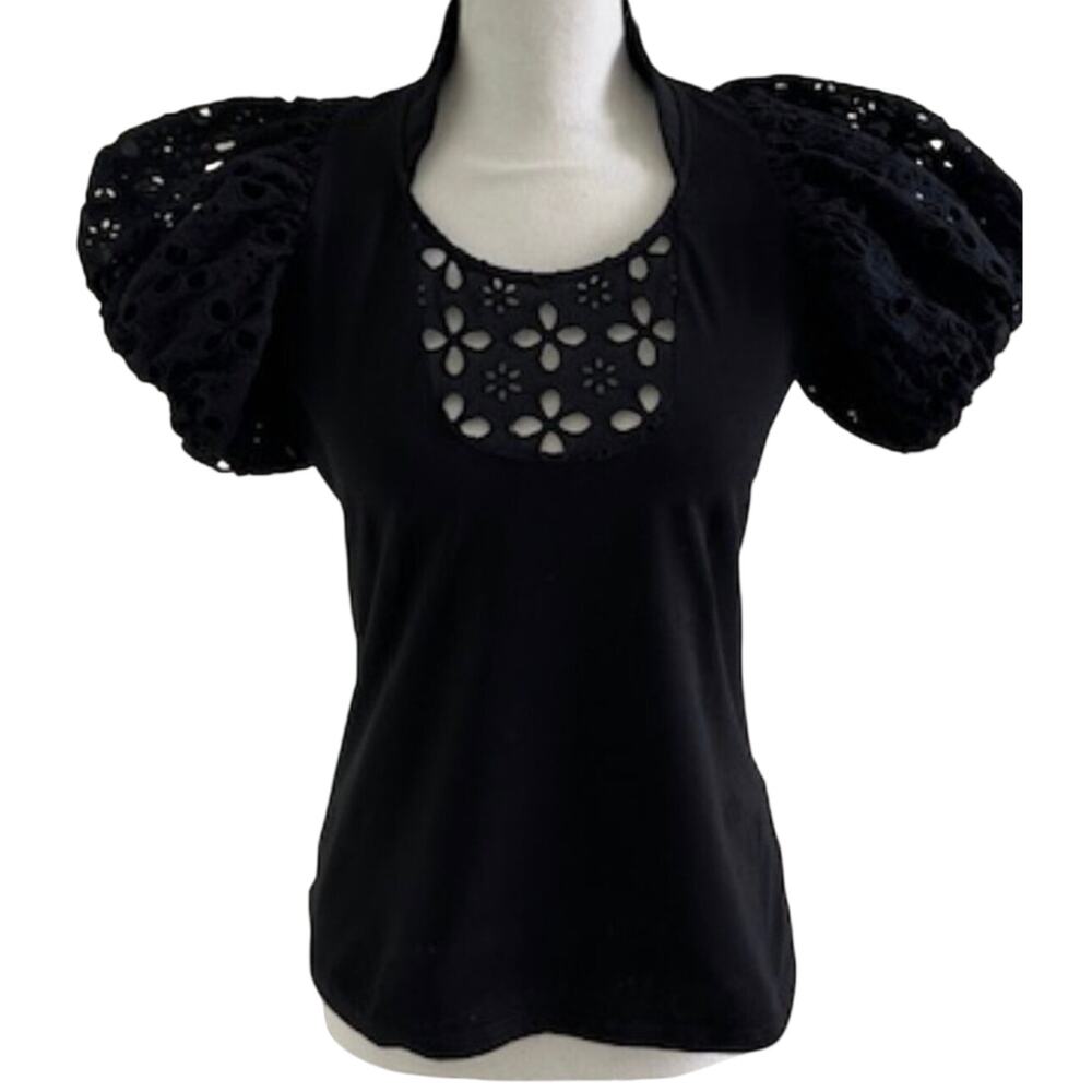 Vintage Anne Fontaine Black Lace Cutout Puff Sleeve Top Parisian Chic Minimalist